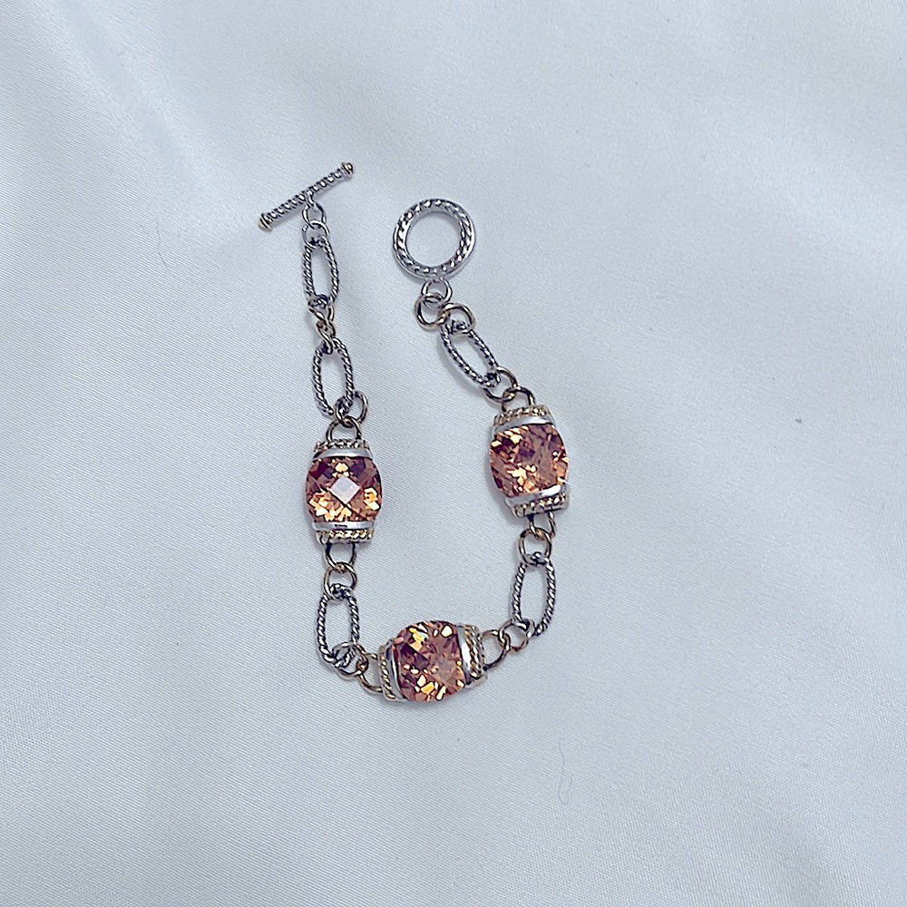 Stunning 925 Silver, 3 Rose Color Rhinestone Bracelet